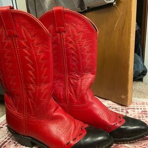 Vibrant Red and Black Leather Cowboy Boots with Decorative Stitching